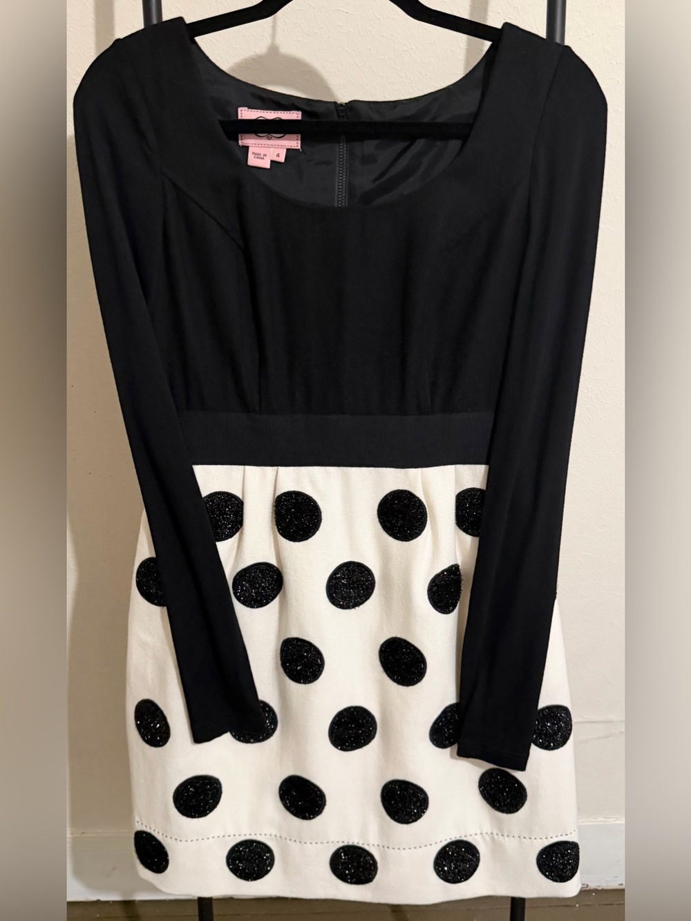 Phoebe Couture Black White Polka Dot Wool Blend Long Sleeve Dress Size 4